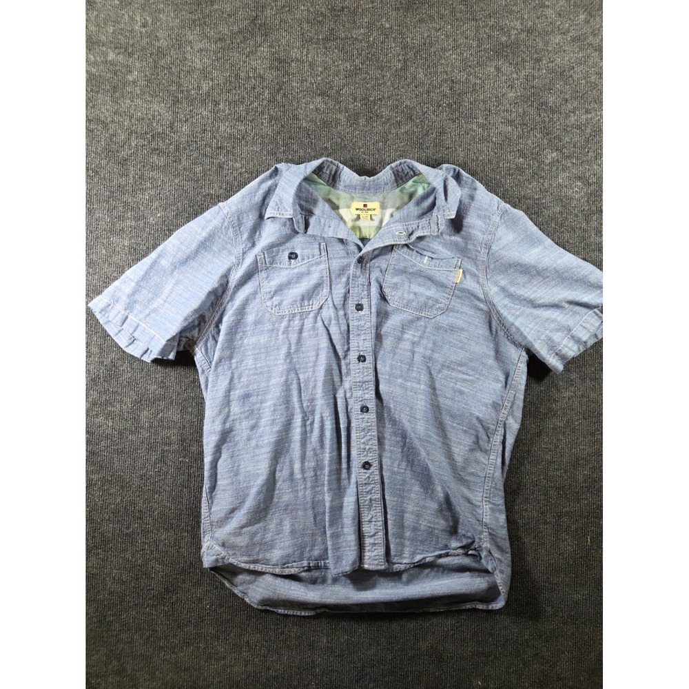 Woolrich Mens XL Blue Short Sleeve Button Down Shirt Dual Pocket Chambray Style